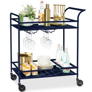 2-Tier Rolling Bar Cart IndoorOutdoor w Shelves, Wine Rack, Locking Wheels, Navy