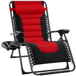Oversized Padded Zero Gravity Chair, Folding Recliner w Headrest, Side Tray, Red