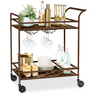 2-Tier Rolling Bar Cart IndoorOutdoor w Shelves, Wine Rack, Locking Wheels, Brown