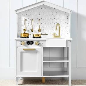 Pretend Play Wooden Farmhouse Kitchen Set w Storage, 5 Accessories, White (Box Open on One End)