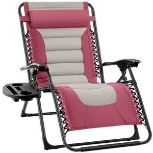Oversized Padded Zero Gravity Chair, Folding Recliner w Headrest, Side Tray, PinkTaupe