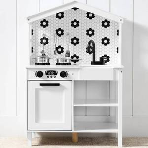 Pretend Play Wooden Farmhouse Kitchen Set w Storage, 5 Accessories, WhiteBlack