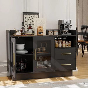 Garvee Wine Cabinet Coffee Bar Station with LED Lights, Durable Double Glass Doors, Anti-Tipping Design, 47.24 Black for Kitchen Living Room Dining Room, Black