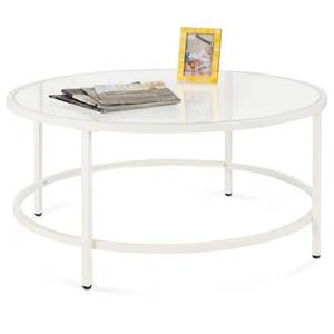Round Tempered Glass Coffee Table w Steel Frame - 36in, White