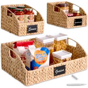 Water Hyacinth Pantry Storage Baskets, Wicker Baskets w Built-in Handles (Box in Rough Shape)