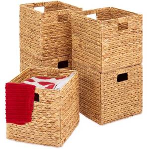 Set of 5 Collapsible Hyacinth Storage Baskets w Inserts - 12x12in