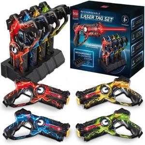 Set of 4 Rechargeable Laser Tag Blasters w Docking Station, No Vests Needed, Red Yellow Blue Green