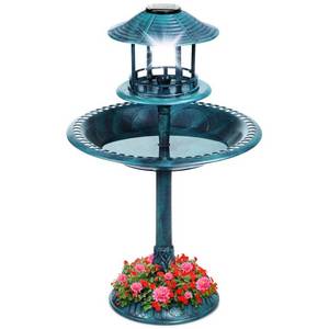 Solar Lighted Outdoor Pedestal Bird Bath w Planter, Decorative Bird Cage, Blue