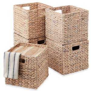 Set of 5 Collapsible Hyacinth Storage Baskets w Inserts - 10.5x10.5in, Neutral