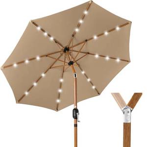 Woodgrain Pattern Solar LED Lighted Patio Umbrella w Adjustable Tilt - 10ft, Tan