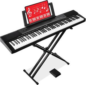 88-Key Full Size Digital Piano Electronic Keyboard Set for All Experience Levels wSemi-Weighted Keys, Stand, Sustain Pedal, Built-In Speakers, 6 Voice Settings - Black