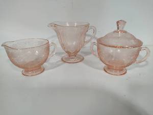 Hazel Atlas Pink Florentine Sugar, Creamer & Small Pitcher Set