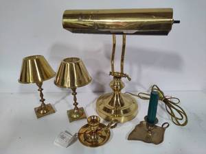 Brass Piano Lamp & Asst Candleholders