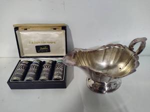Silver Plated Cobalt Salt & Pepper Set  Gravy Boat