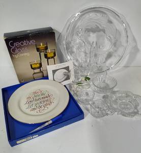 Assorted Glassware, Memory Plate & Candle Holders