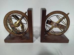 Pair of Brass & Wood Globe Style Book Ends