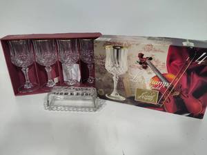 Longchamp Gold Crystal dArques Goblets New in Box & Butter Dish