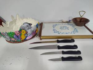Vintage Warming Plate, Nut Dish, Easter Bowl and Knives