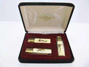Set of Vintage Bone Handle Wildlife Folding Knives - PARKER Eagle Brand Cutlery - Japan