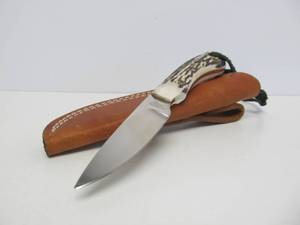 DUNN Stag Handle Fixed Blade Knife wLeather Sheath