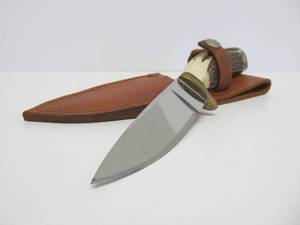Signed Custom SHAYS Stag Handle Fixed Blade Knife wLeather Sheath - 9.25