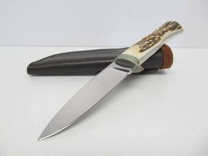 Custom Made Signed Jim Minnick Stag Handle Hunting Knife wLeather Sheath - 8.25