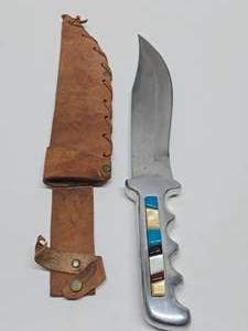 Very Cool Large Vintage Custom Fixed Blade 12.5 Knife wGemstone Inset Handle &amp Leather Sheath