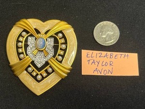 VTG Avon Elizabeth Taylor Gold-Tone Rhinestone Brooch with Blue Cabochon Center, Faux Pearls & Black Enamel