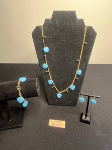 VTG Miriam Haskell Turquoise Gold Tone Heart Necklace w Matching Bracelet & Earrings