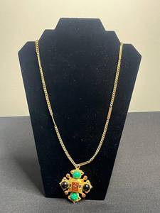 Direction One Gold-Tone Necklace With Florenza Green Jade Cabochons, Black Onyx & Carved Center Pendant