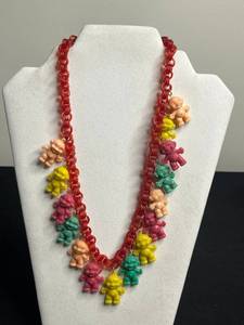 Unique Colorful Mini Troll Charms on Plastic Necklace - Red Chain, Multi-Color Charms