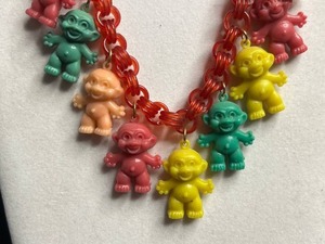 Unique Colorful Mini Troll Charms on Plastic Necklace - Red Chain, Multi-Color Charms