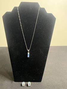 Sterling Silver Turquoise Inlay Bar Pendant Necklace w Matching Earrings