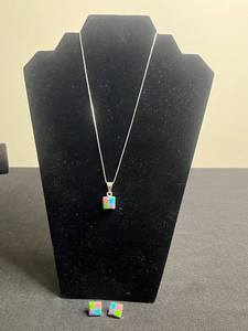 925 Sterling Silver Multicolor Enamel Cube Pendant Necklace Set with Matching Earrings