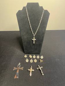 Cross Pendant Necklace with Religious Medal Charms - Silver Tone Jewelry
