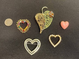 VTG Heart Shaped Brooch Lot - Pink Heart Pin, Gemstone & Rhinestones, too