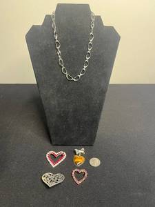 Silver-Tone Jewelry Heart Set w Red Rhinestone Brooch, Amber Tigers Eye Pin and Silver Tone Heart Chain Necklace & More