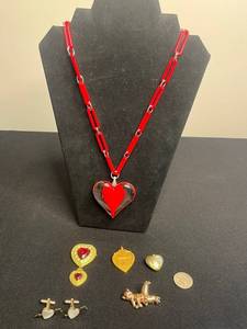 Assorted Heart Jewelry Set w Heart Pendant Necklace, Cuff Links, Betty Crocker Pin, Victoria Secret Red Heart Brooch, Cat Pin on Roller Skates