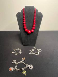 Vintage Silver-Tone Charm Bracelet Jewelry Set w Red Bead Necklace - Inc Mary & Her Little Lambs Bracelet