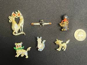 Vintage Gold-Tone CatFelineKitty Pins w Rhinestones