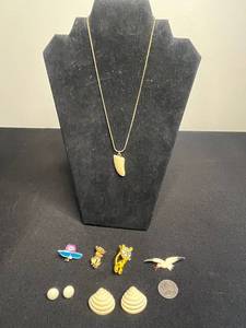 VTG Gold-Tone Chain Necklace with Ivory Like Tooth Pendant & Assorted Enamel Pins & Shell Earrings