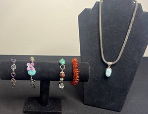 925 Turquoise Pendant on Heavy Silver Tone Necklace. w Amethyst Charm, Coral Bead Bracelet & More