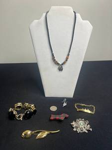 VTG Givenchy Rose Pin, Necklace w Gold-Tone Abalone Shell Pendant w Black Cube Bead Chain, Black Stone Bracelet, Plaid Scottie Dog Pin & More