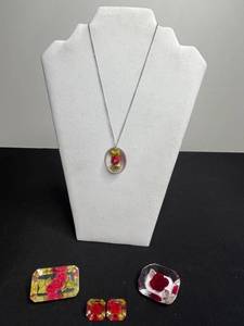 Sterling Silver Clasp on Resin Rose Cameo Necklace w Matching Pin & Earrings