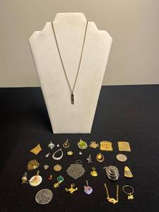 Huge Lot of Assorted Vintage Gold-Tone Jewelry Pendants, Charms & Green Gem Pendant