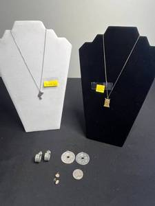 Sterling Silver Necklace with Pendant & 12K GF Necklace (w knot) & Pendant, 3 Pair of Earrings