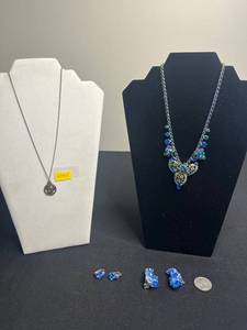 Blue Crystal Necklace & Earrings Set - Gold-Tone with Silver Chain & Elsie Necklace w Cow Face Pendant