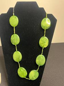 Neon Green Glass Bead Necklace, Necklace w Black Drop Pendant, Sterling Turquoise Ring & More