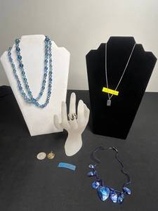 Silver Pendant Necklace, 925 Ring, King Tut Charm, Blue Glass Bead Necklaces Set