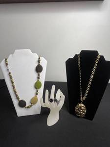 Sterling Black Onyx Cameo Ring, Two Vintage Gold-Tone Necklaces - Beaded Color-Strand & Medal Pendant